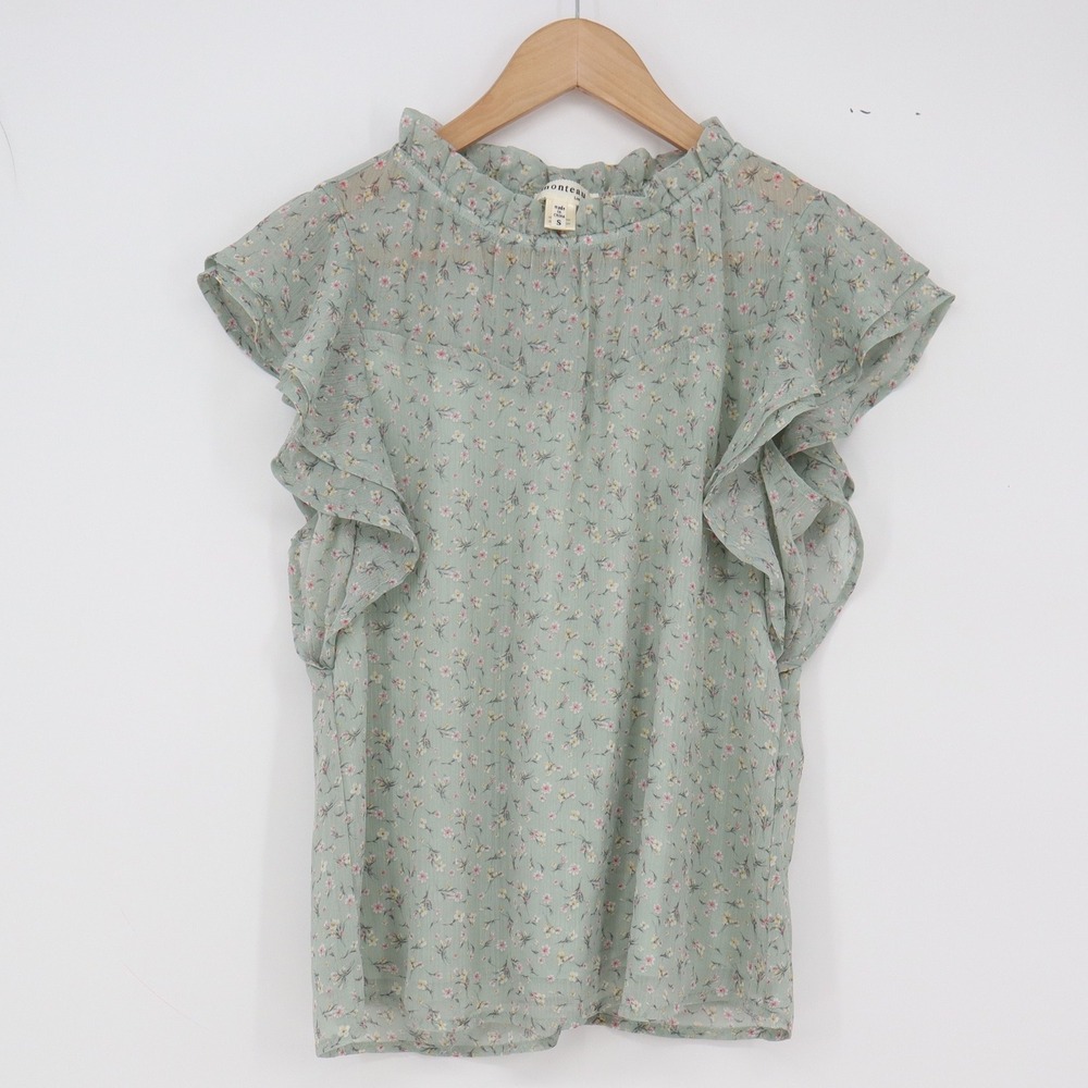 Monteau Blouse Womens S Flutter Sleeve Sage Green Floral Ruffle Neck